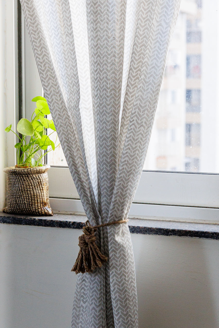 Grey geometric sheer curtain - lightweight sheer curtains - Sold individually