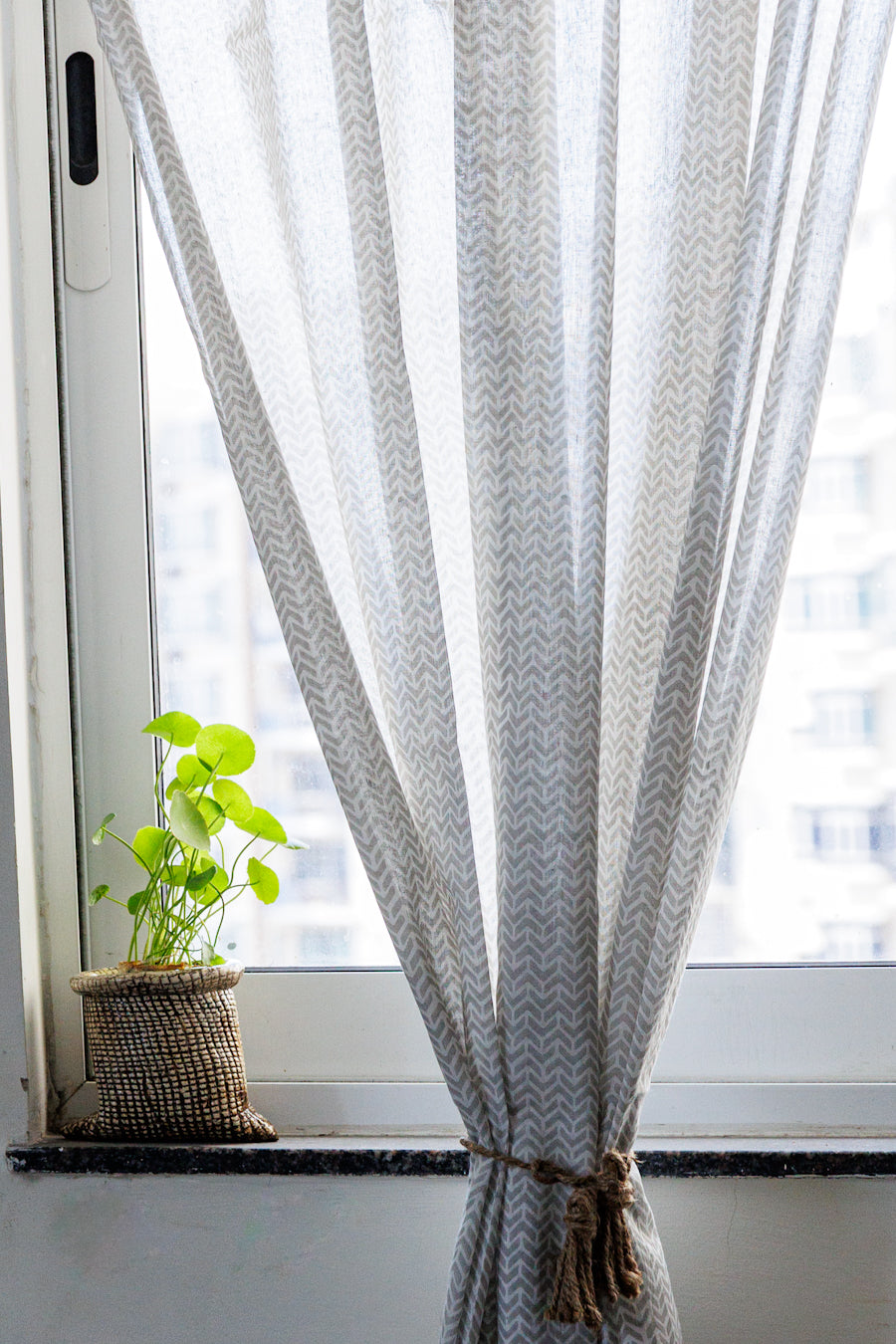 Grey geometric sheer curtain - lightweight sheer curtains - Sold individually