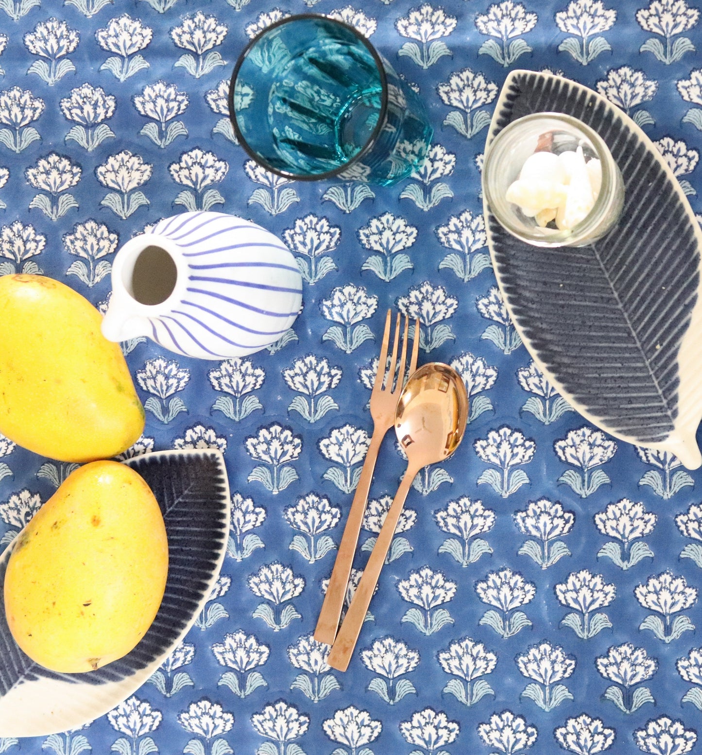 Blue boota tablecloth - 6 to 8 seater block print table cloth - Navy blue table cover - large table size tablecloth - 60x100 inches