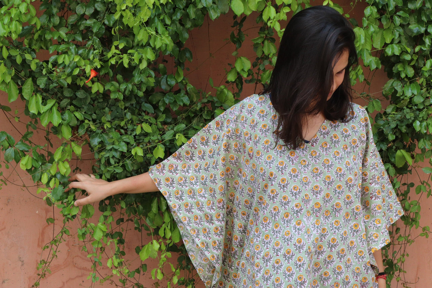 Kaftans for women - Loungewear - Knee length Kaftan - Short Kaftan - Green and yellow floral