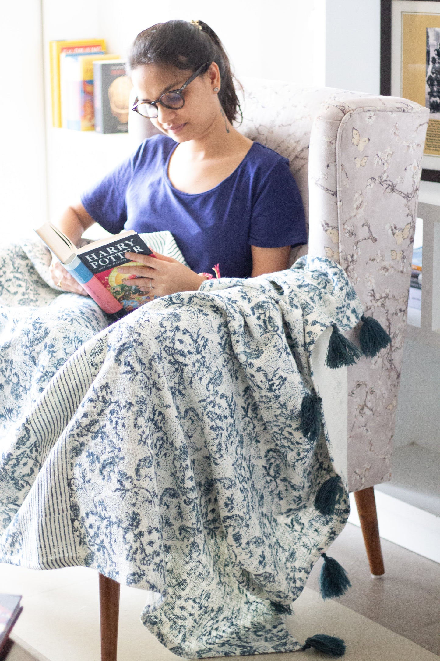 Printed cotton throw blanket - Handloom Cotton throws - sofa throw with tassels - 55x70 inches