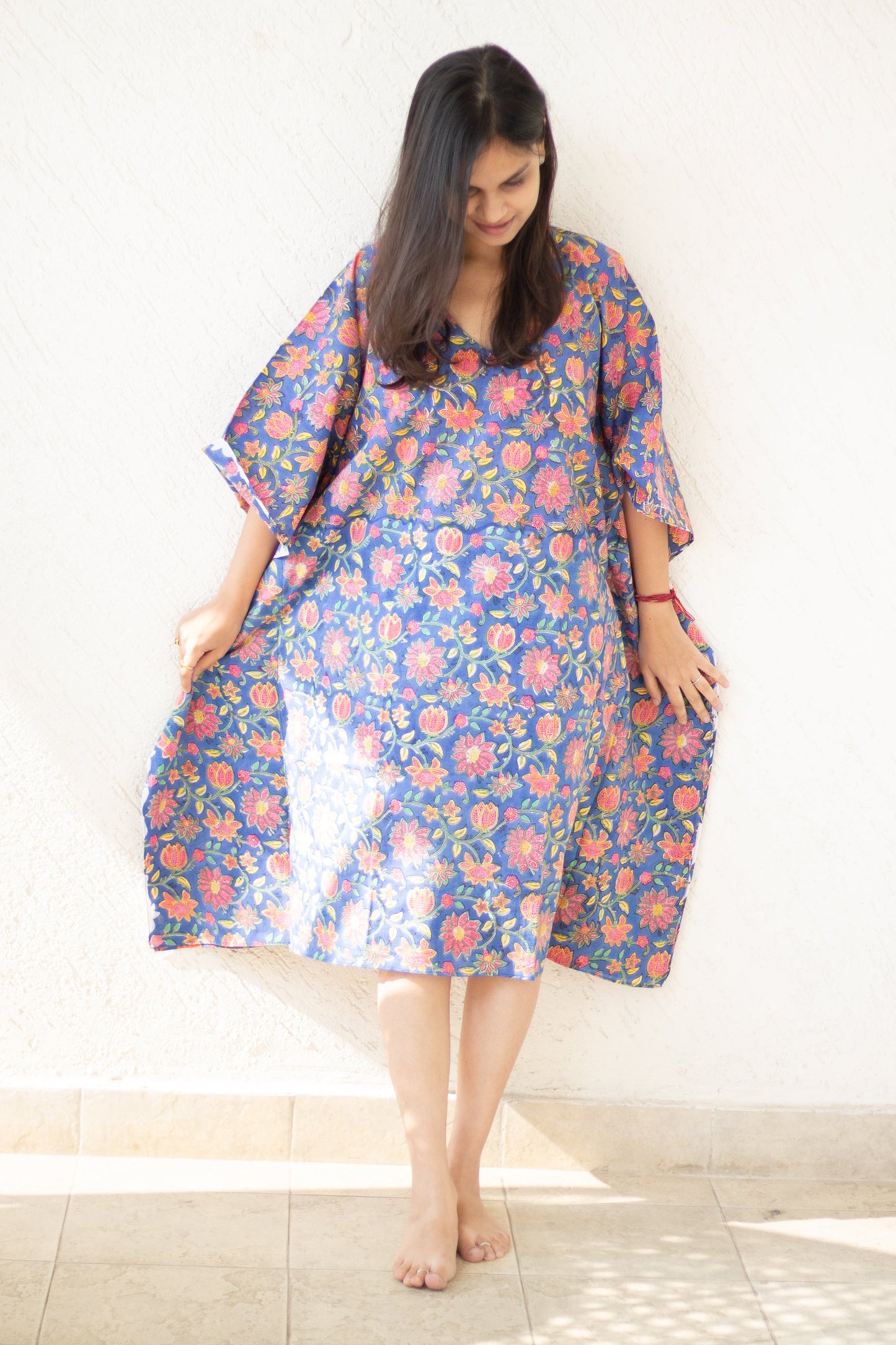 Kaftans for women - Loungewear - Knee length Kaftan - Short Kaftan - Dark blue floral