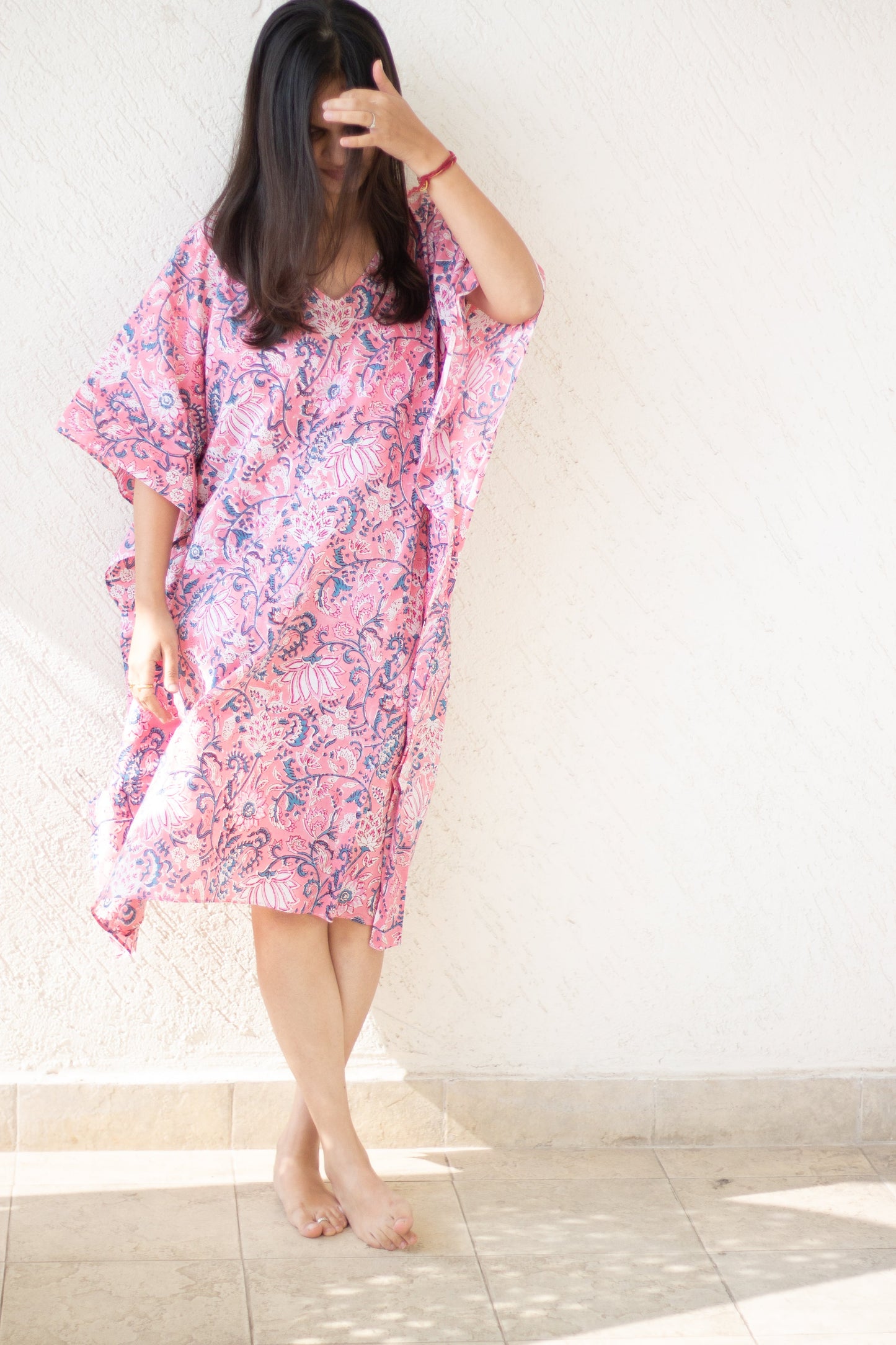 Kaftans for women - Loungewear - Knee length Kaftan - Short Kaftan - Pink floral