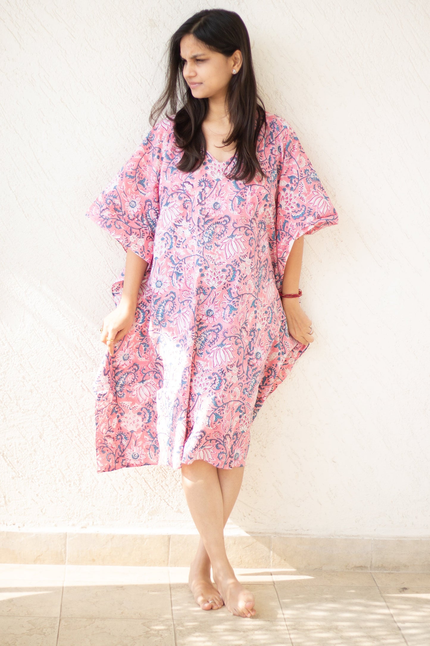 Kaftans for women - Loungewear - Knee length Kaftan - Short Kaftan - Pink floral