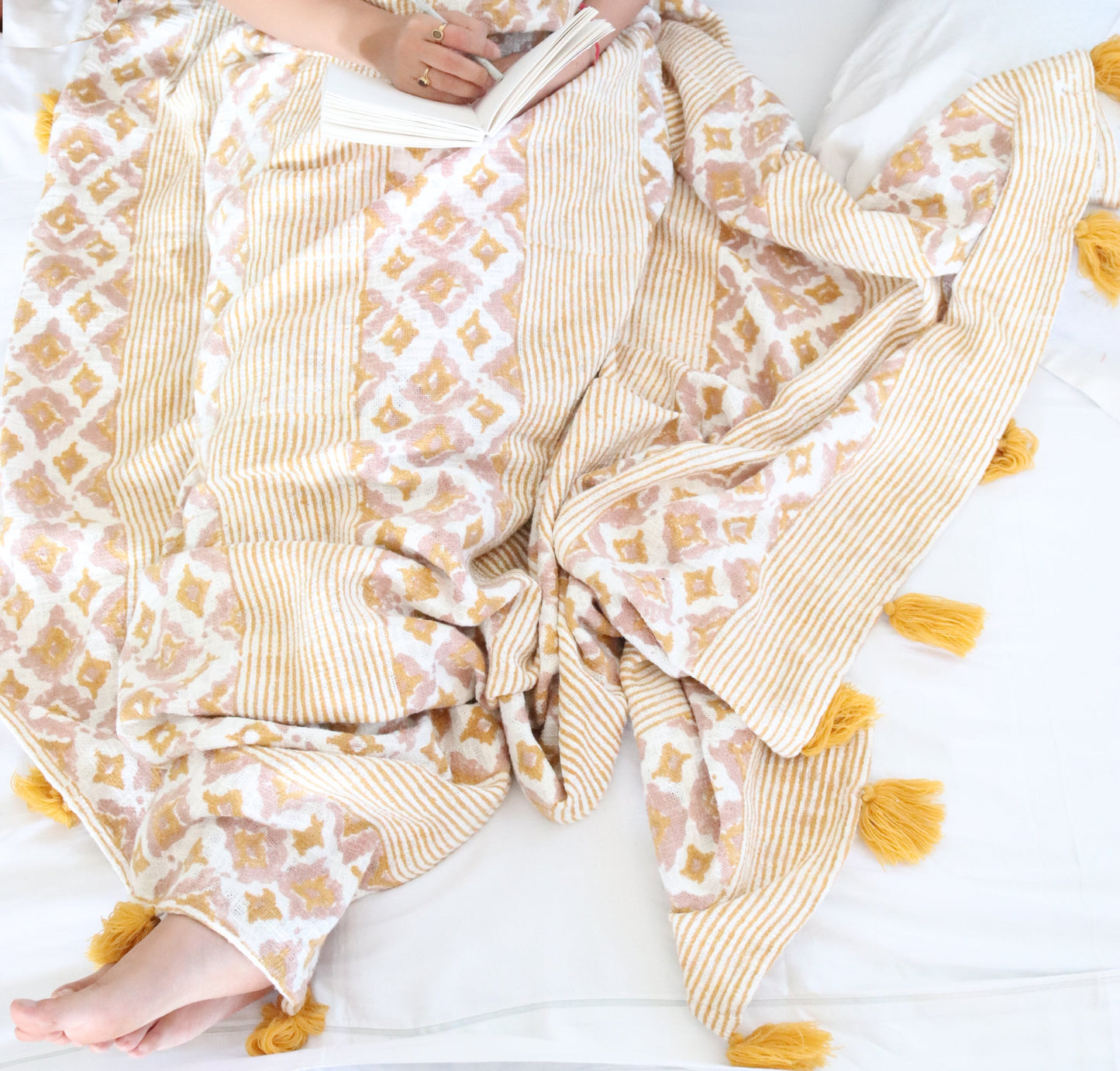 Printed cotton throw blanket - Mustard and pink Handloom Cotton throws - sofa throw with tassels - 55x70 inches