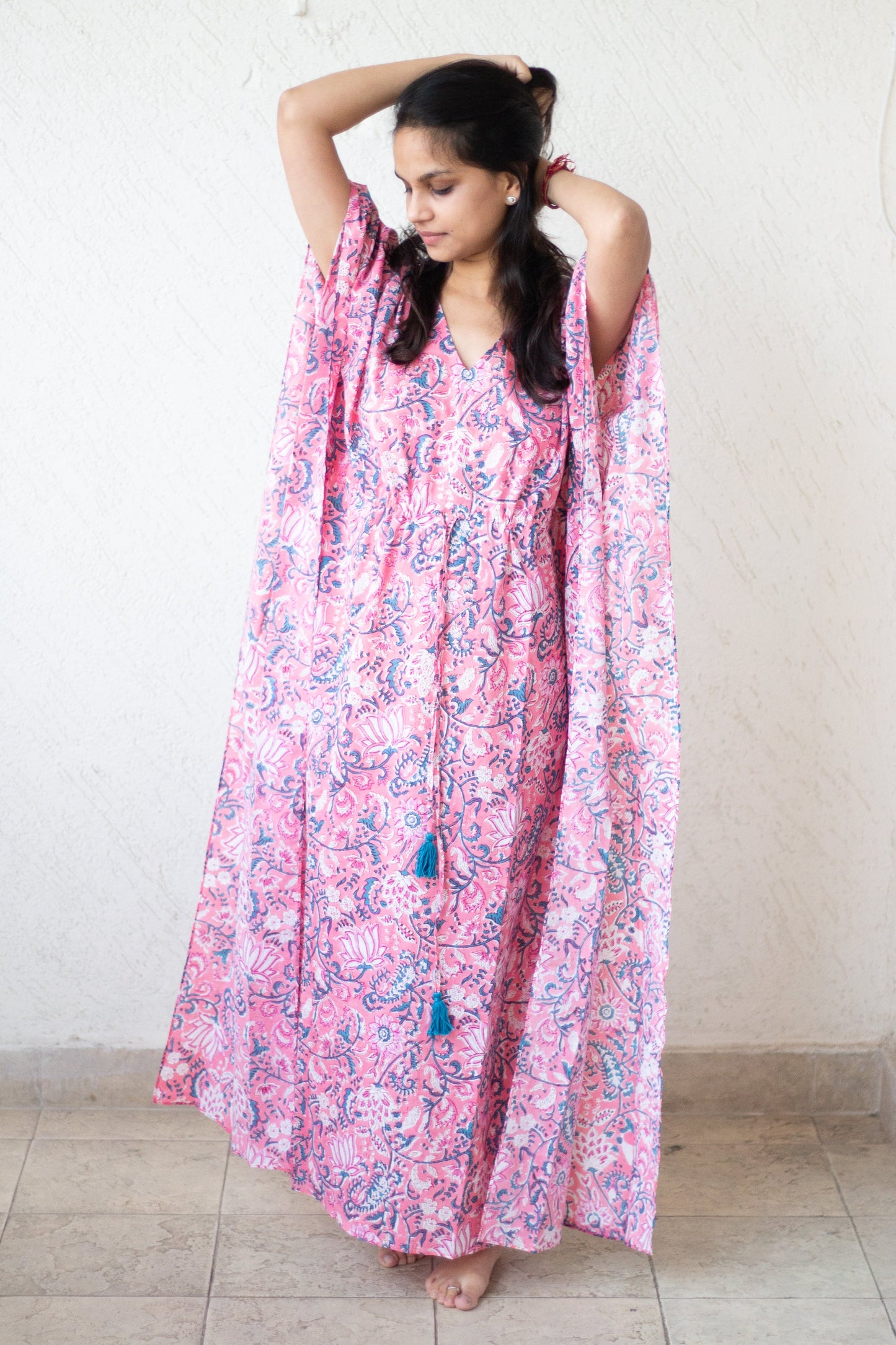 Full length Kaftans for women - Loungewear - long Kaftans with drawstring - Pink floral print
