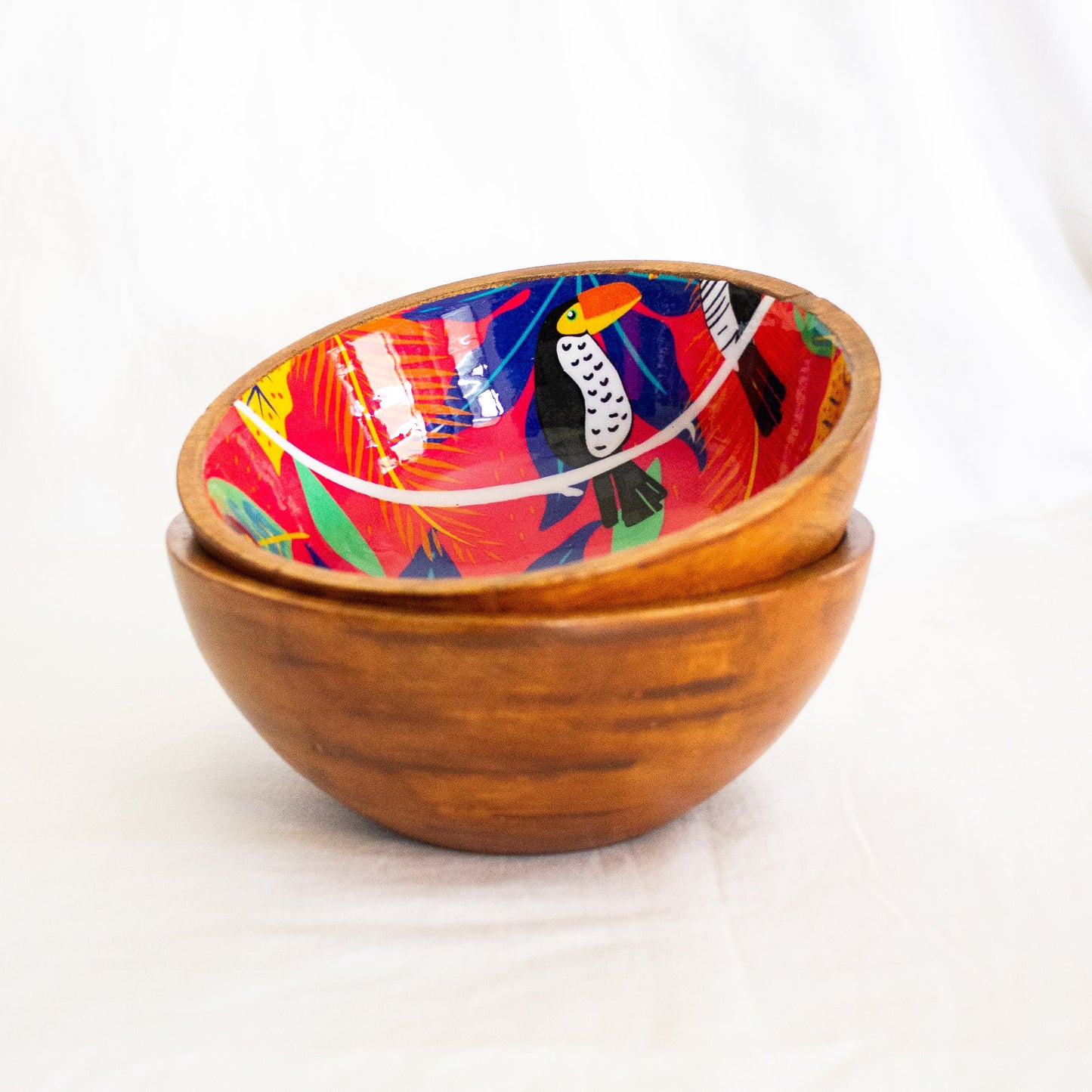 Small wood serving bowls - Mango wood bowls - Enamel printed wooden bowls - Together
