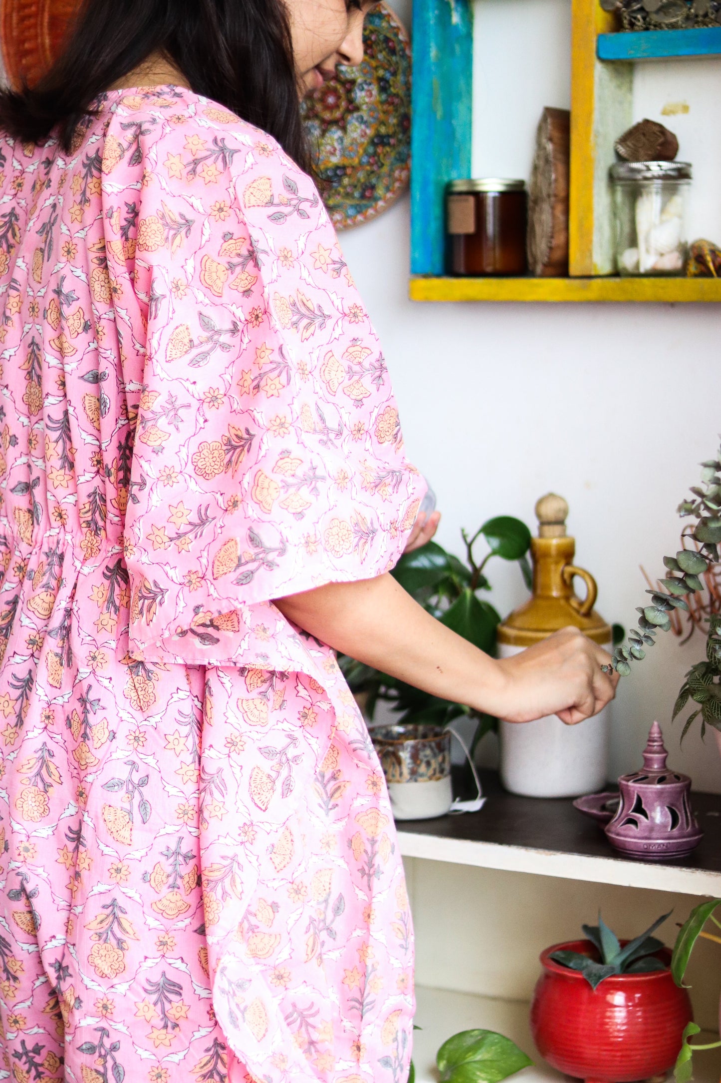 Pink floral print Kaftans - Kaftan for women - Loungewear - long Kaftans with drawstring - Pink