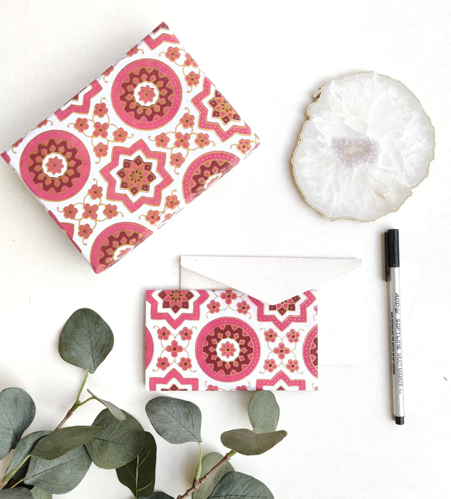 Gift cards and envelopes in a box - Red Ajrakh inspired set of 10 notecards and envelopes - recycled paper
