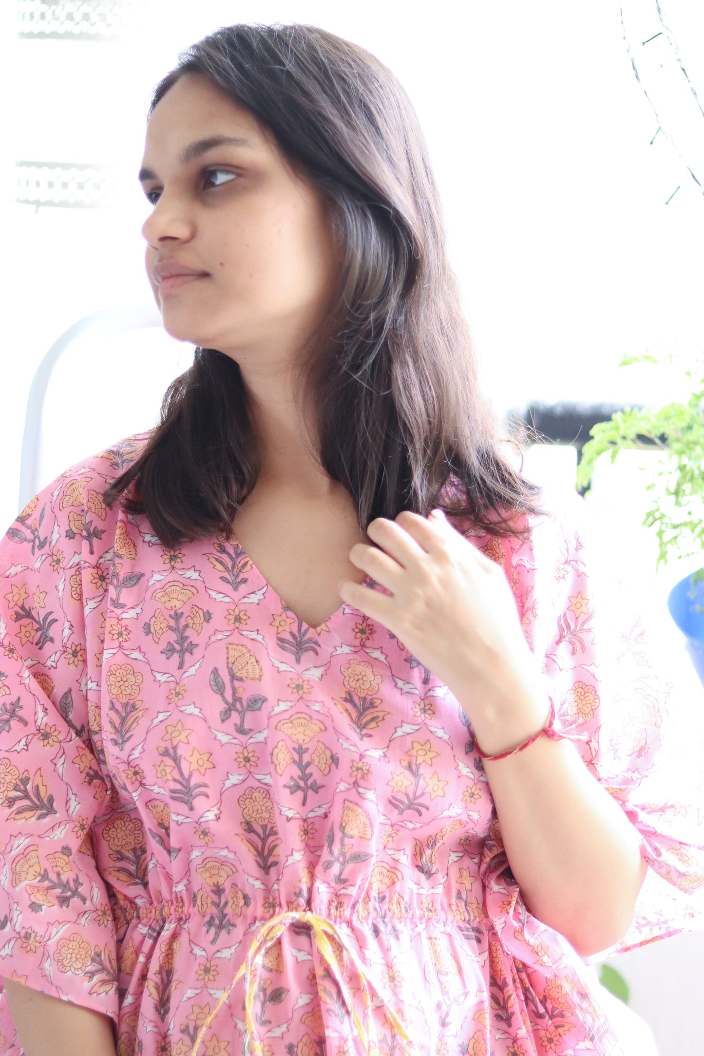 Pink floral print Kaftans - Kaftan for women - Loungewear - long Kaftans with drawstring - Pink