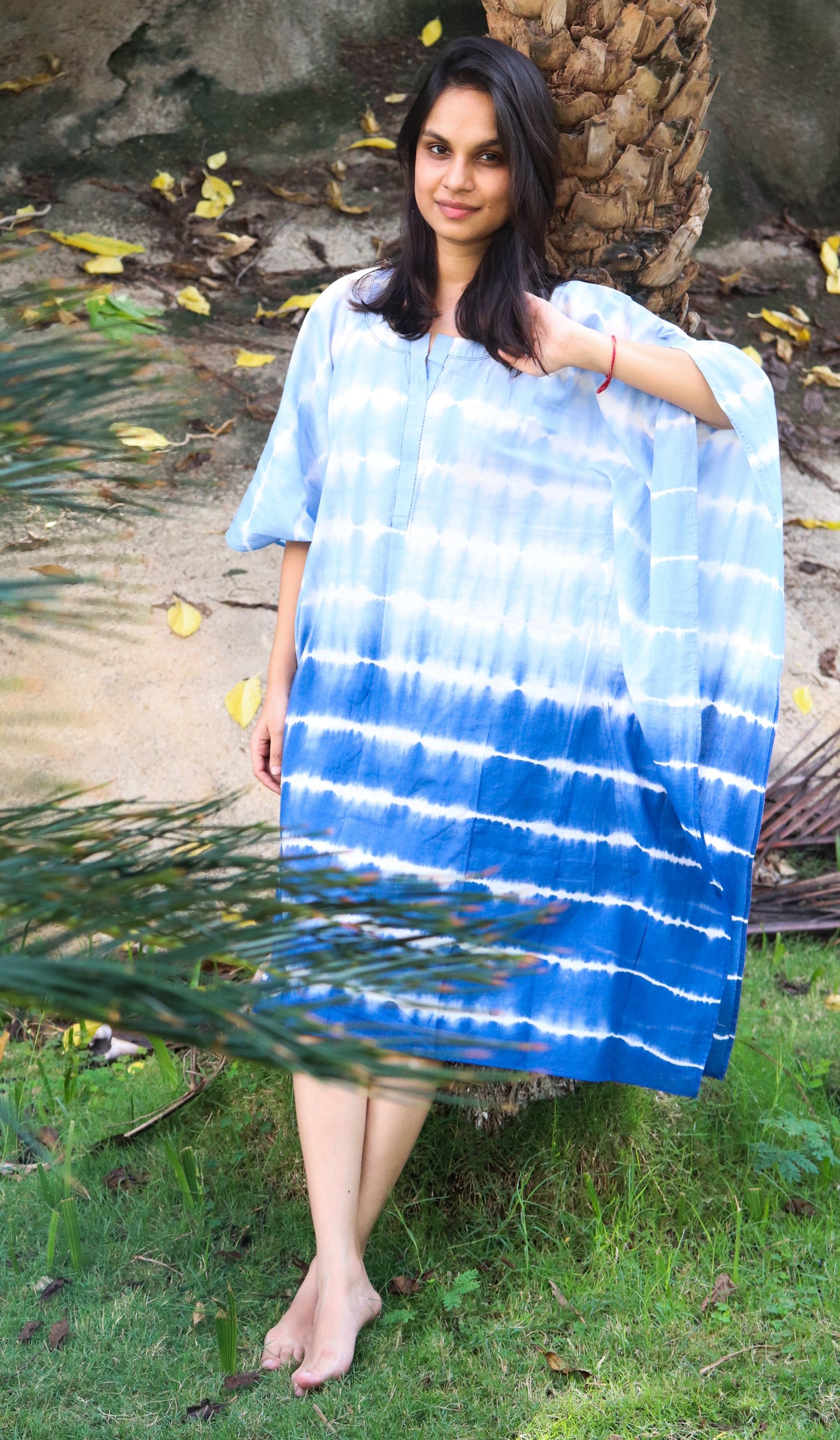 Blue stripe Shibori kaftan - Kaftans for women - Knee length Kaftan - Short Kaftan - Kaftan dress