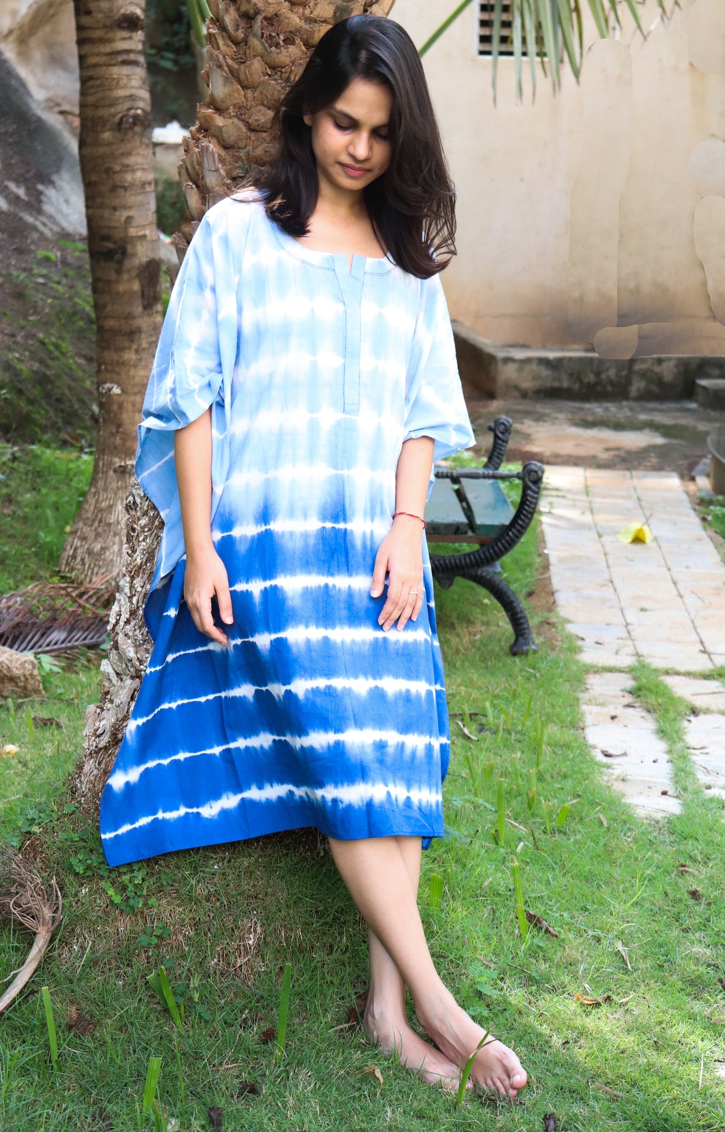 Blue stripe Shibori kaftan - Kaftans for women - Knee length Kaftan - Short Kaftan - Kaftan dress