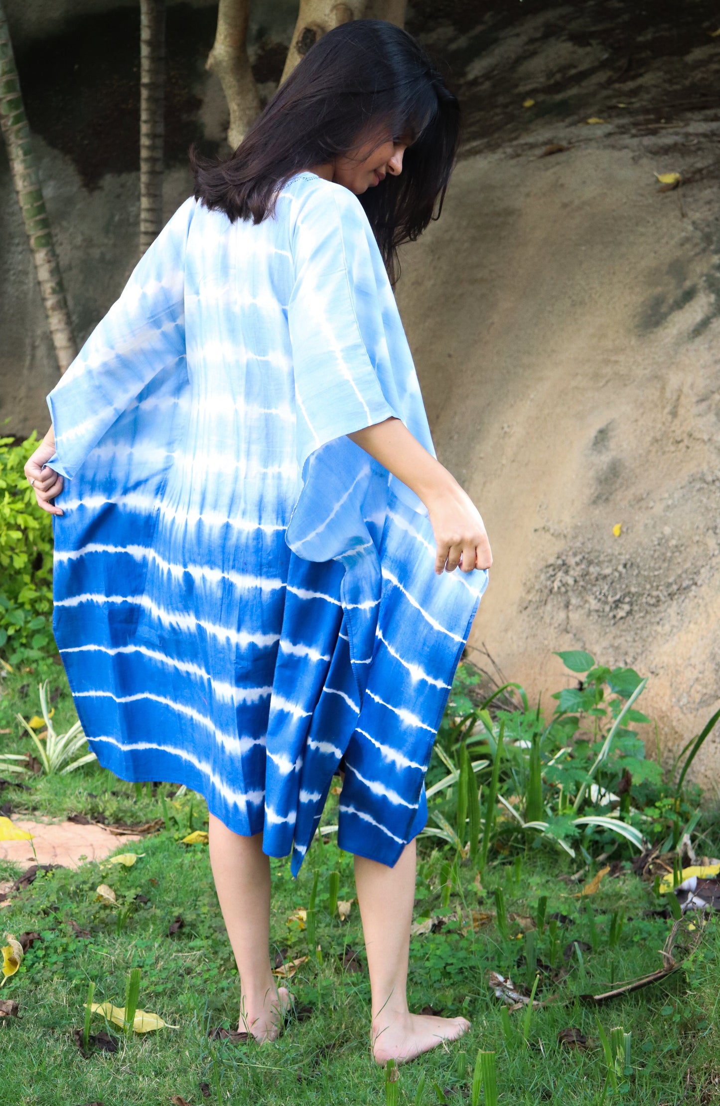 Blue stripe Shibori kaftan - Kaftans for women - Knee length Kaftan - Short Kaftan - Kaftan dress