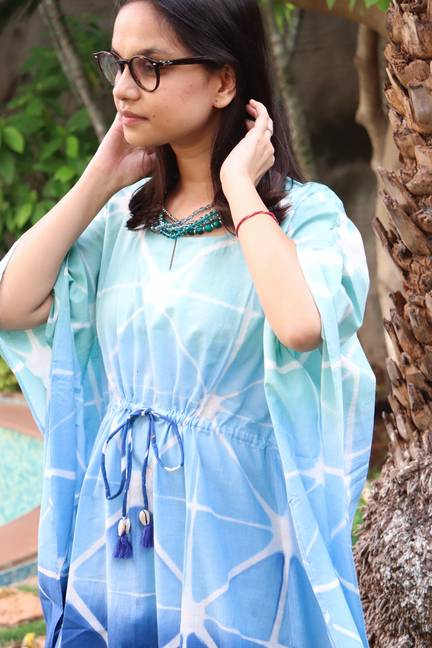 Turquoise stars Shibori kaftan - Kaftans for women - Knee length Kaftan - Short Kaftan - Kaftan dress
