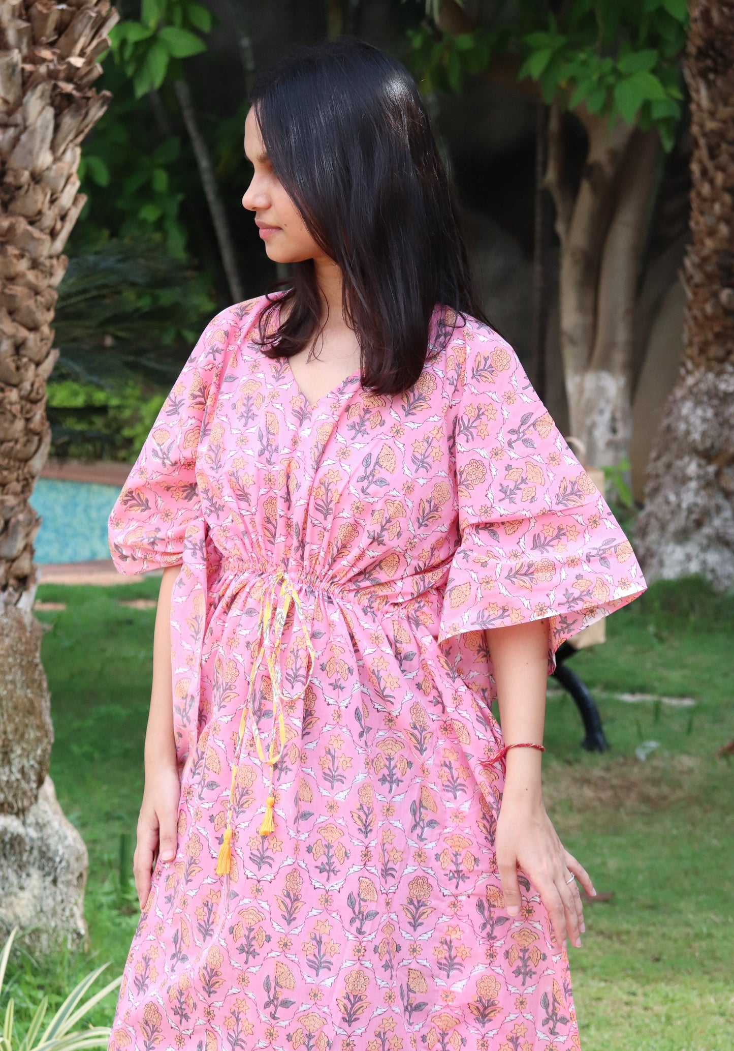 Pink floral print Kaftans - Kaftan for women - Loungewear - long Kaftans with drawstring - Pink
