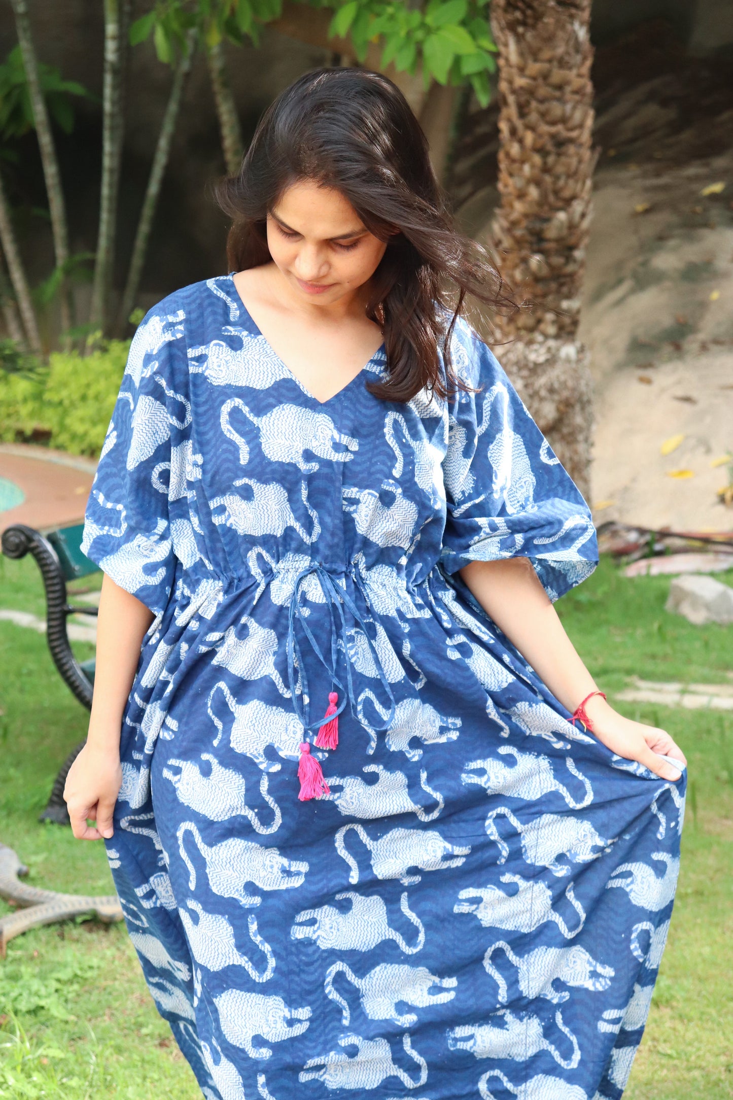 Tiger print Kaftans - Kaftan for women - Loungewear - long Kaftans with drawstring - Indigo