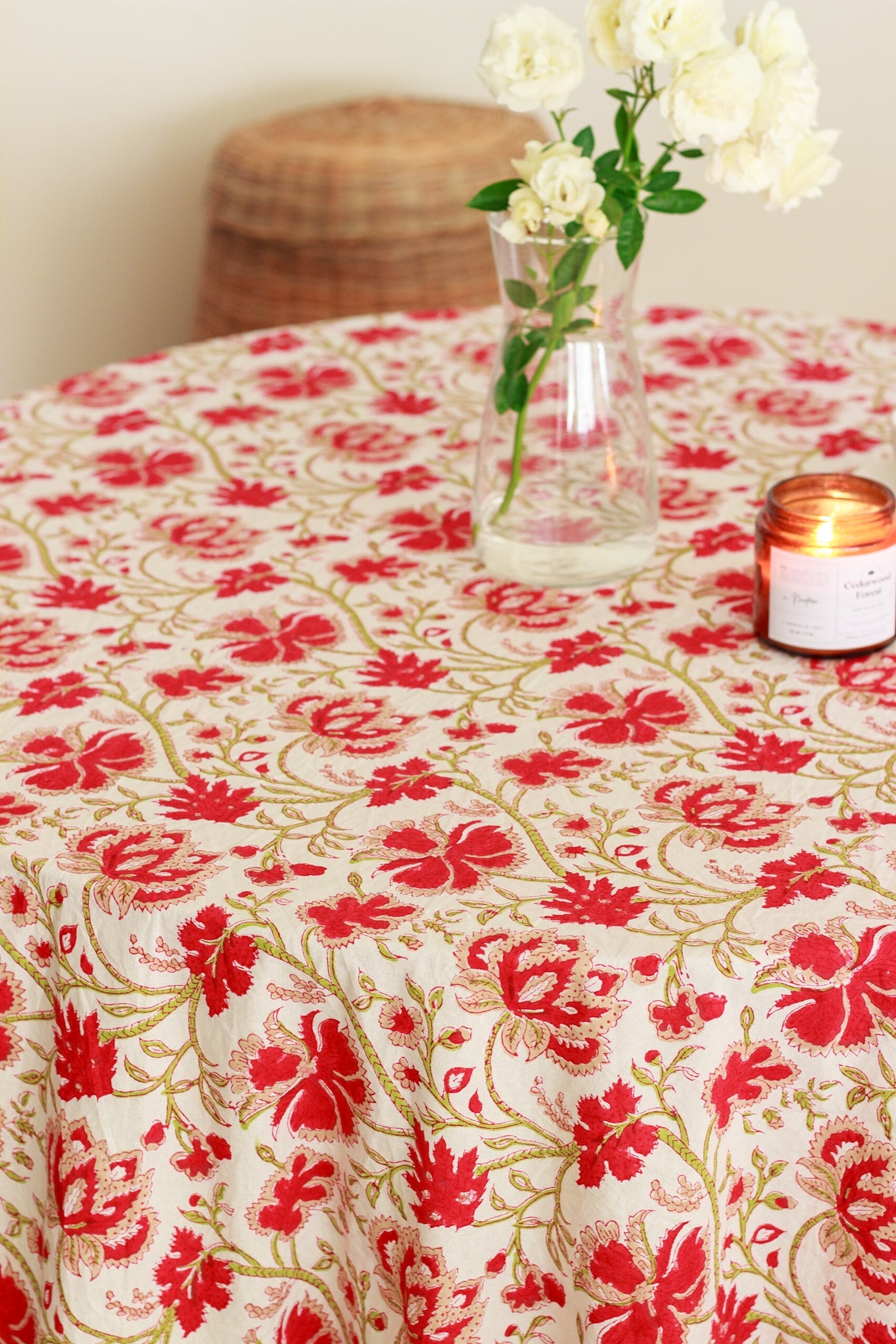 Round tablecloth - 6 & 8 seater block print table cloth - Red floral Round table cover - 72 inches & 90 inches diameter