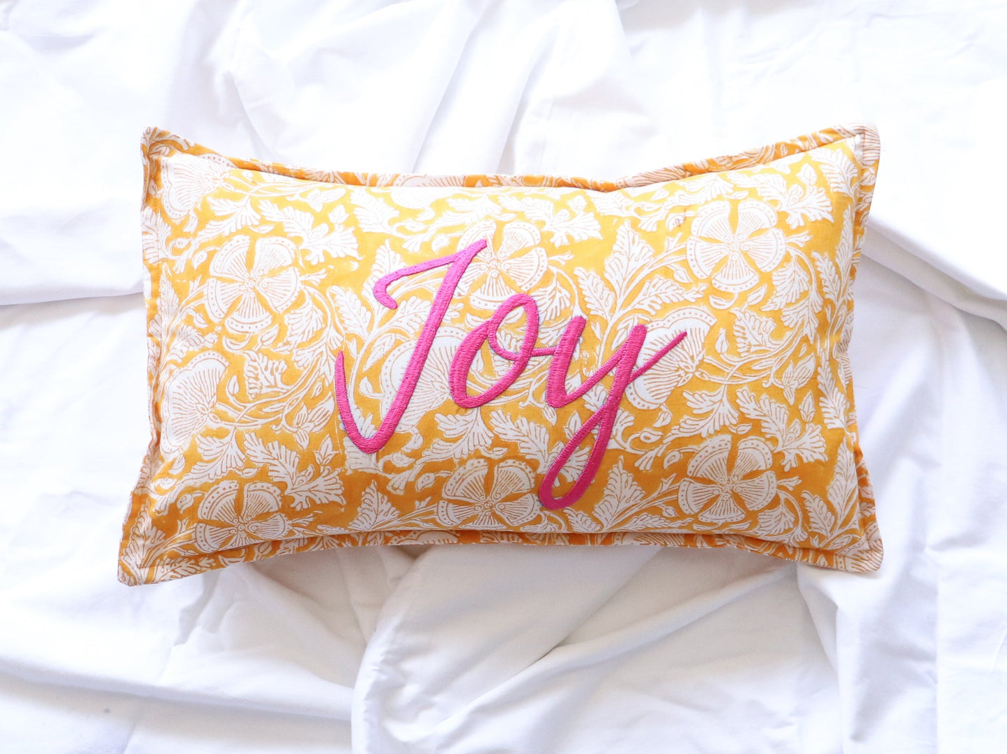 Joy Block print Word Pillow - Embroidery on Block print fabric - 12x20