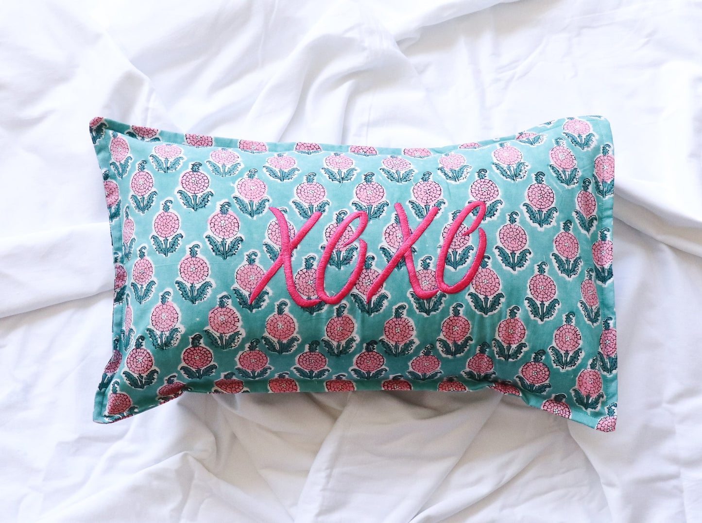 XOXO Block print Word Pillow - Embroidery on Block print fabric - 12x20