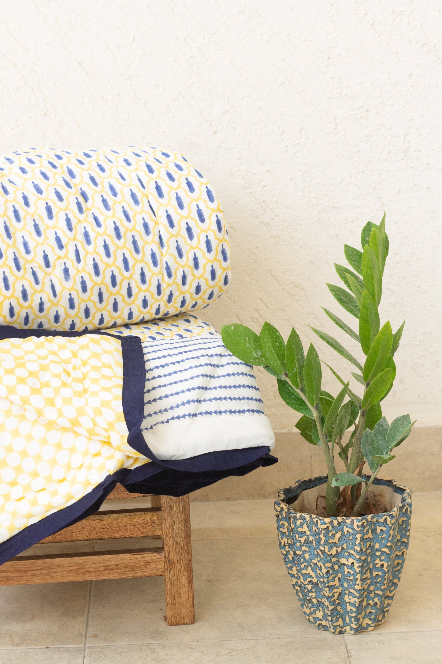 Ikat inspired Block print quilt - Blue and yellow AC Quilt - Single, Queen and King sizes