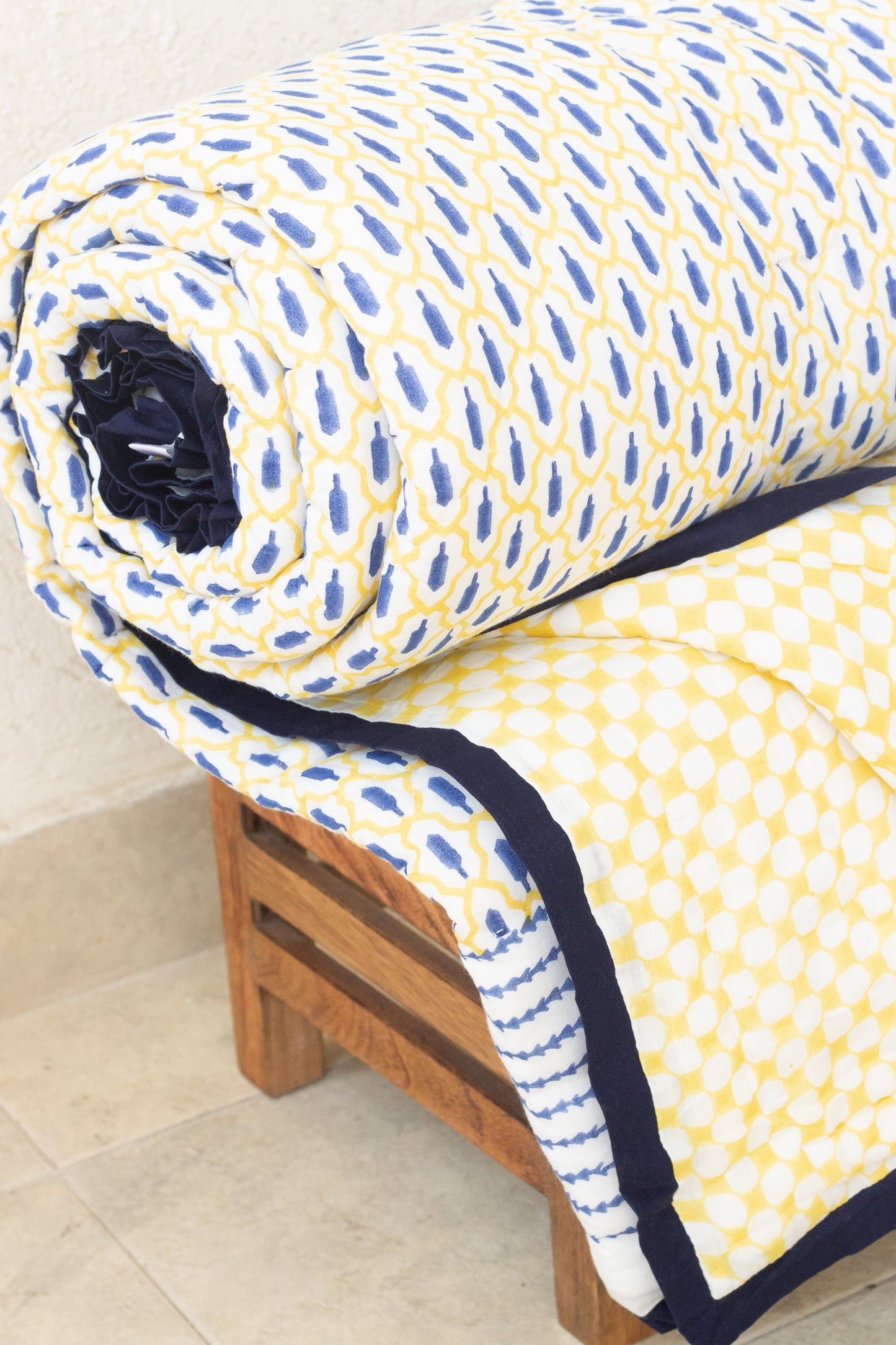 Ikat inspired Block print quilt - Blue and yellow AC Quilt - Single, Queen and King sizes