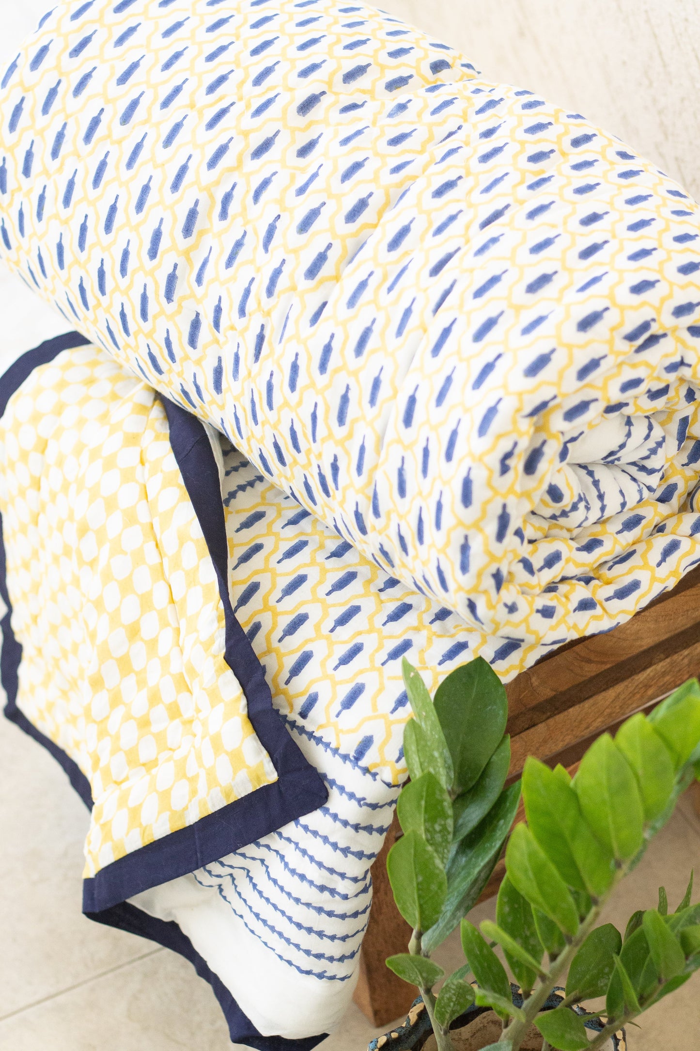 Ikat inspired Block print quilt - Blue and yellow AC Quilt - Single, Queen and King sizes