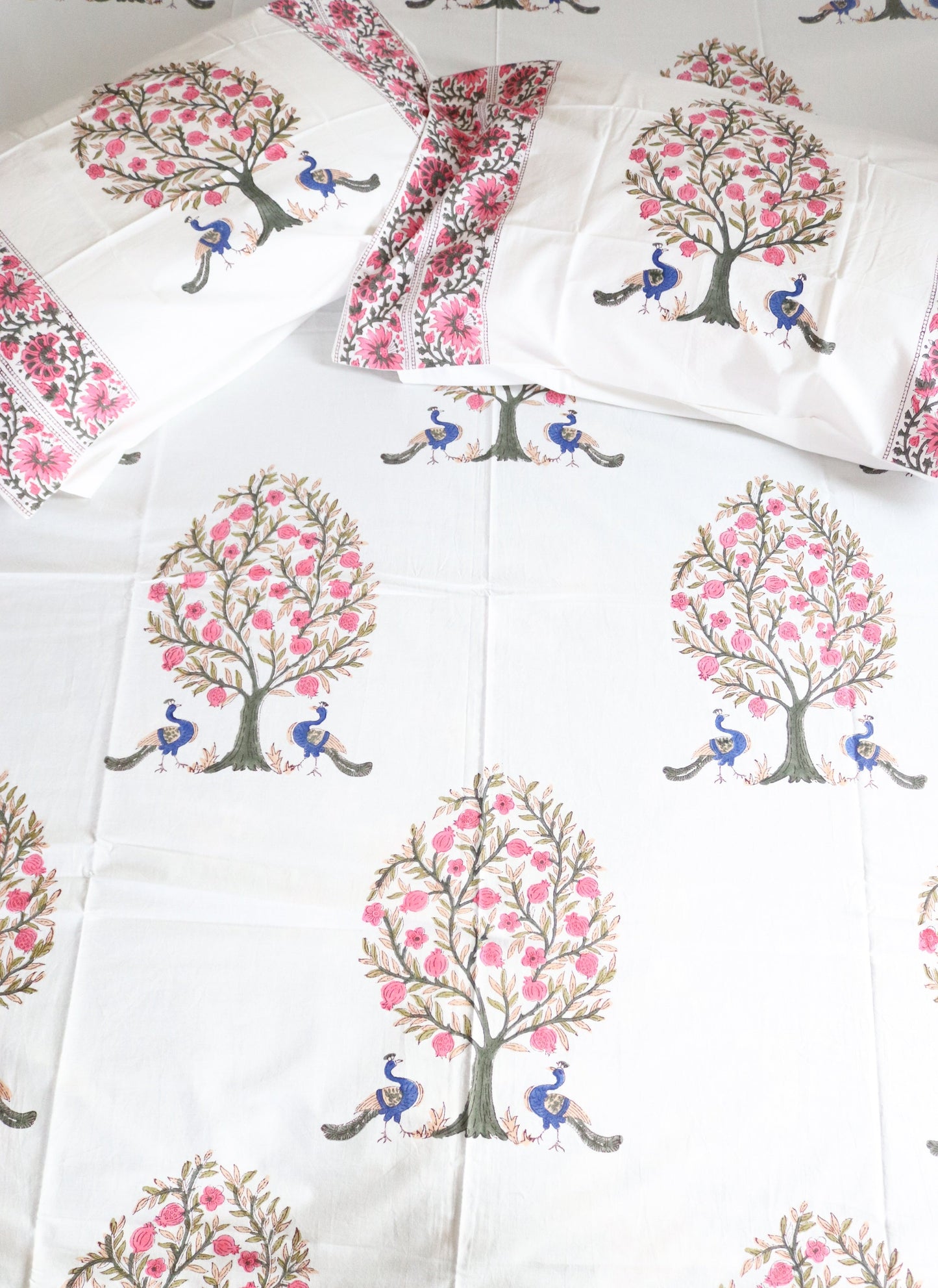 Peacock Block print bed sheet and pillow cases - Peacock and pomegranate bedsheet set- King size bedsheet