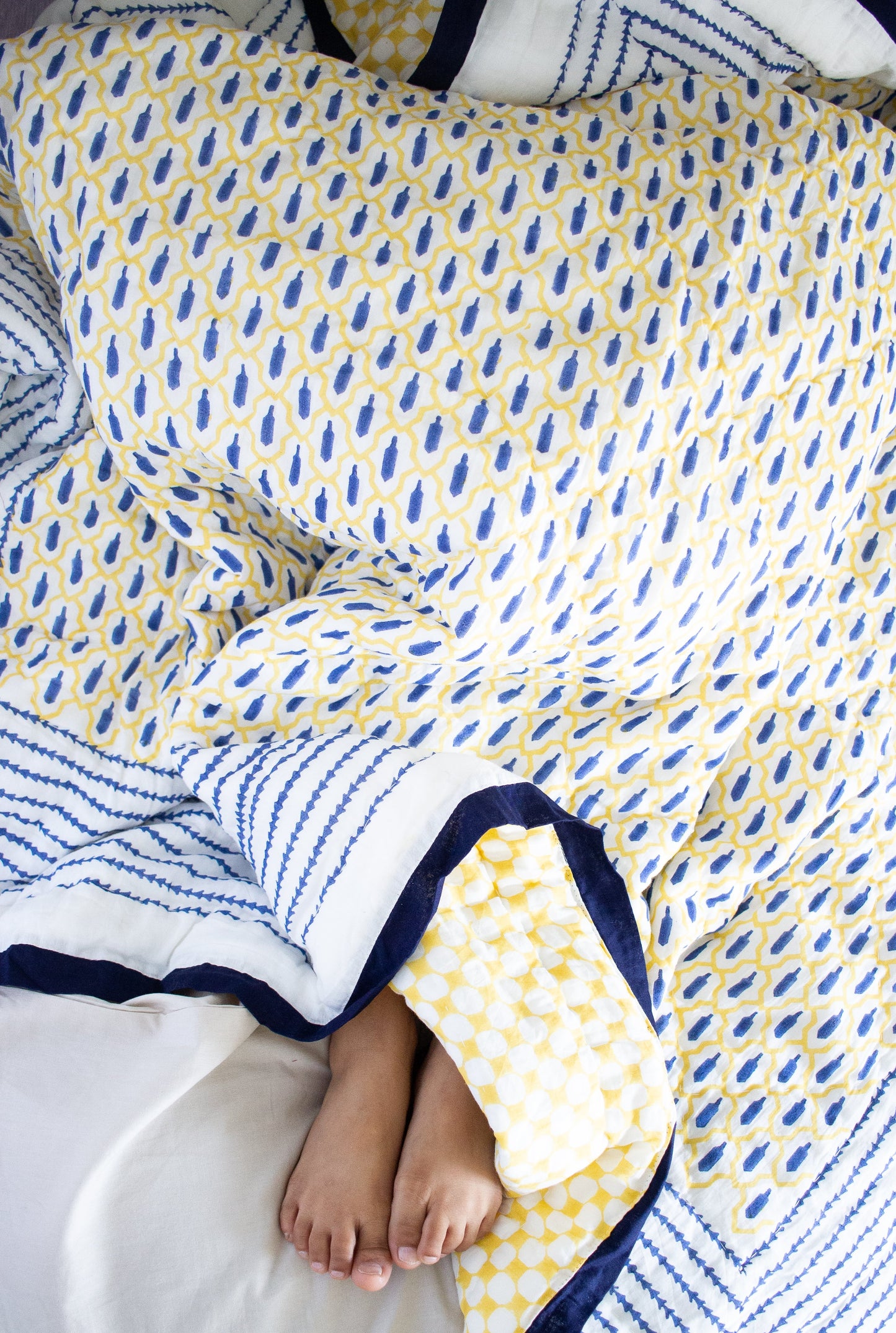 Ikat inspired Block print quilt - Blue and yellow AC Quilt - Single, Queen and King sizes