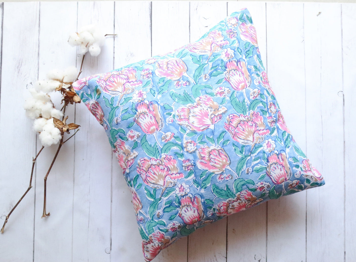 Floral Block print decorative cushion covers - 16x16 inches - Blue and pink