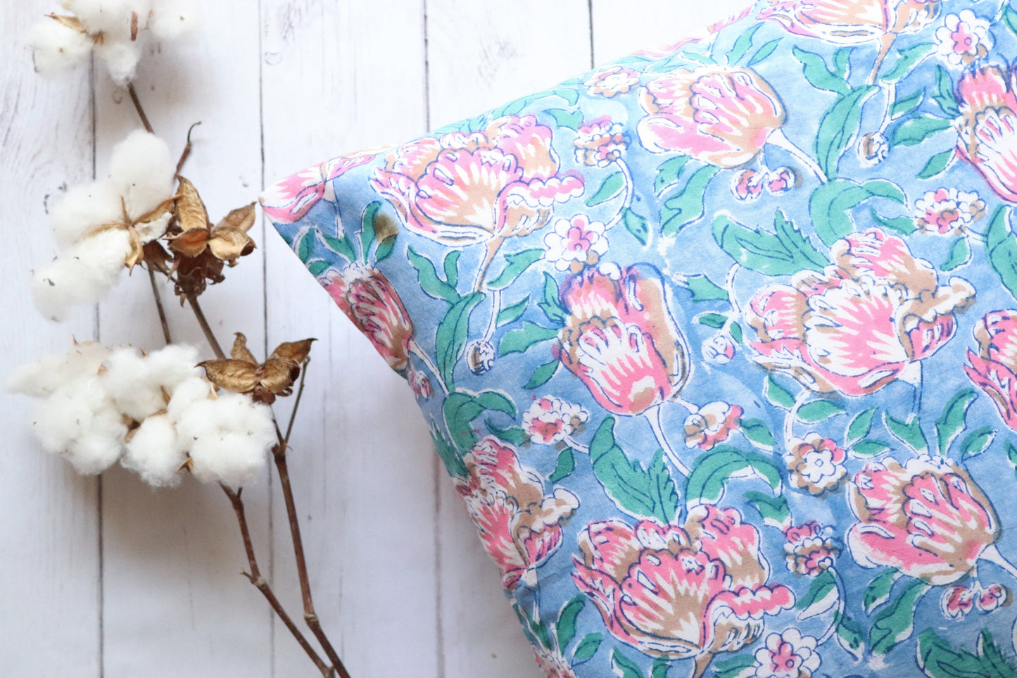 Floral Block print decorative cushion covers - 16x16 inches - Blue and pink