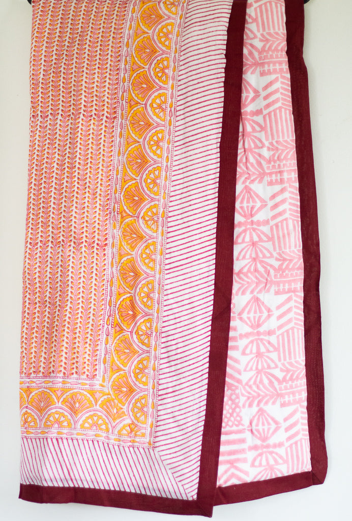 Baby girl floral quilt - Boho baby quilt - Orange, Red and Pink quilt - Baby size - 36x48 inches