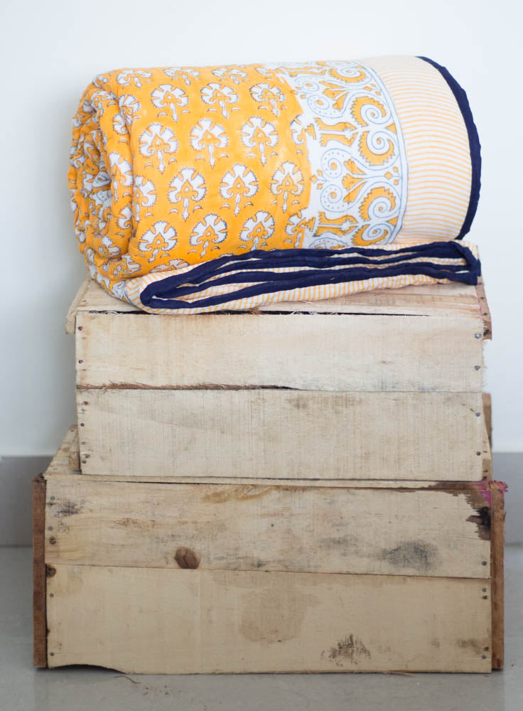 Block print quilt - Marigold Quilt - Deep yellow AC Quilt - Single, Queen & King