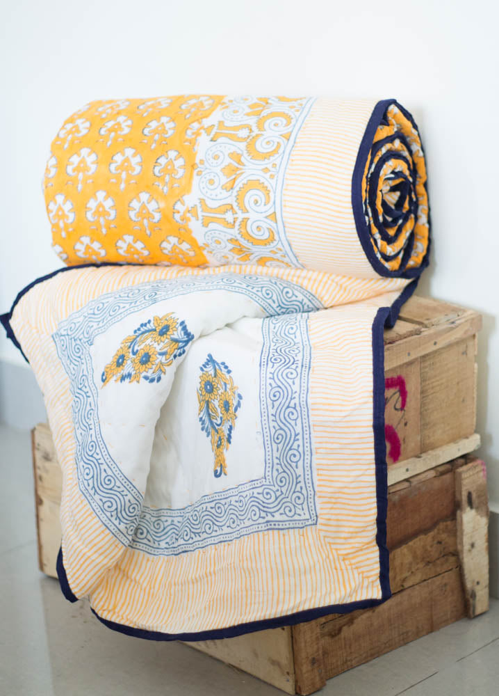 Block print quilt - Marigold Quilt - Deep yellow AC Quilt - Single, Queen & King
