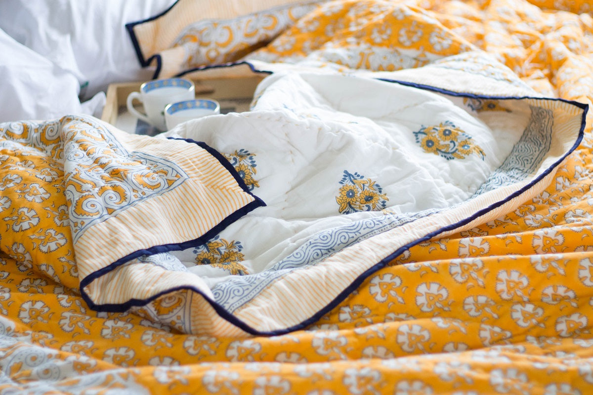 Block print quilt - Marigold Quilt - Deep yellow AC Quilt - Single, Queen & King