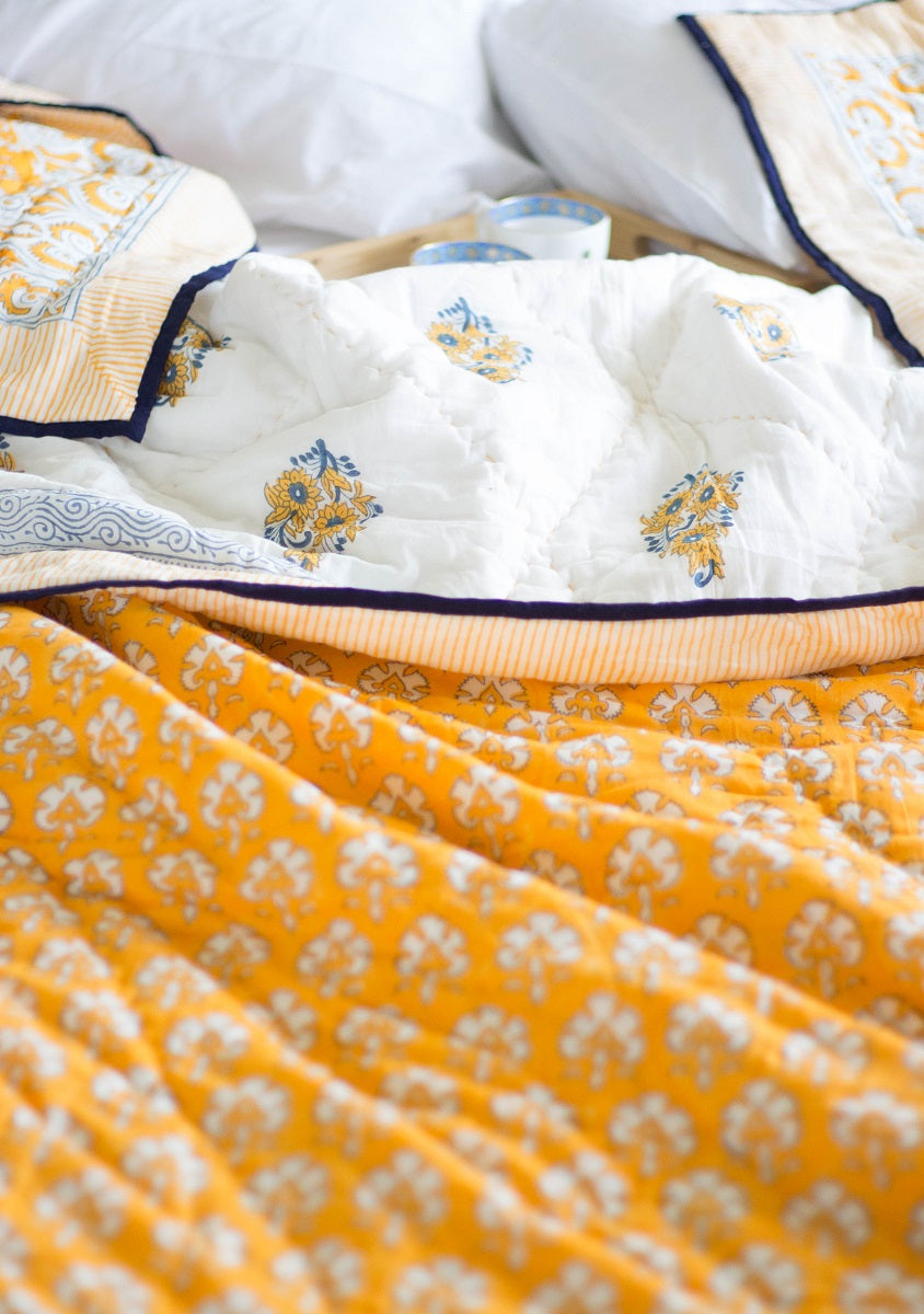 Block print quilt - Marigold Quilt - Deep yellow AC Quilt - Single, Queen & King