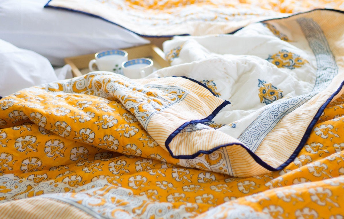 Block print quilt - Marigold Quilt - Deep yellow AC Quilt - Single, Queen & King