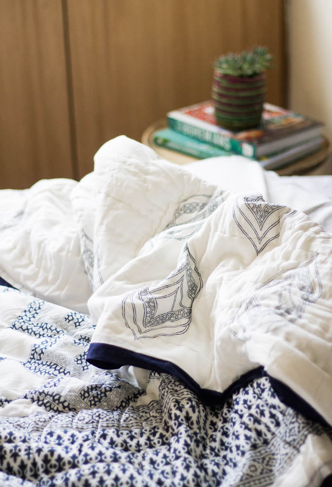Modern block print quilt - Nautical quilt - Dark blue AC quilt - Single, Queen & King size