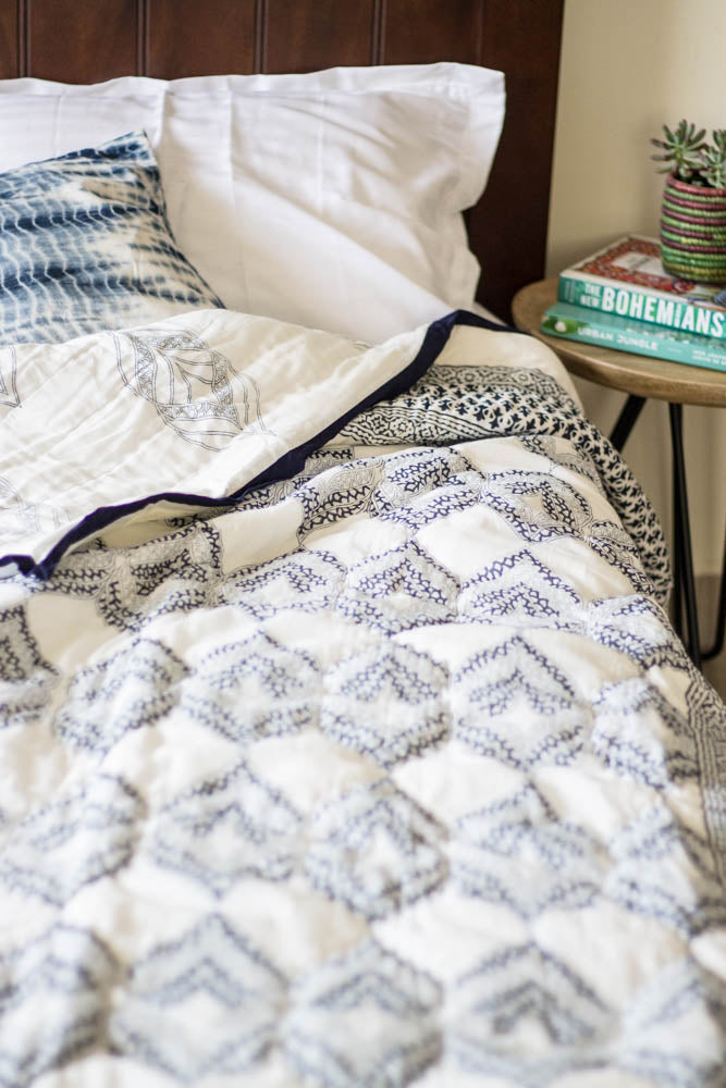 Modern block print quilt - Nautical quilt - Dark blue AC quilt - Single, Queen & King size