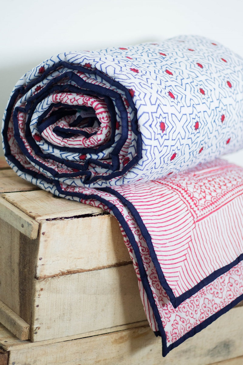 Red stars quilt -Red and dark blue geometric AC quilt - Single & queen sizes