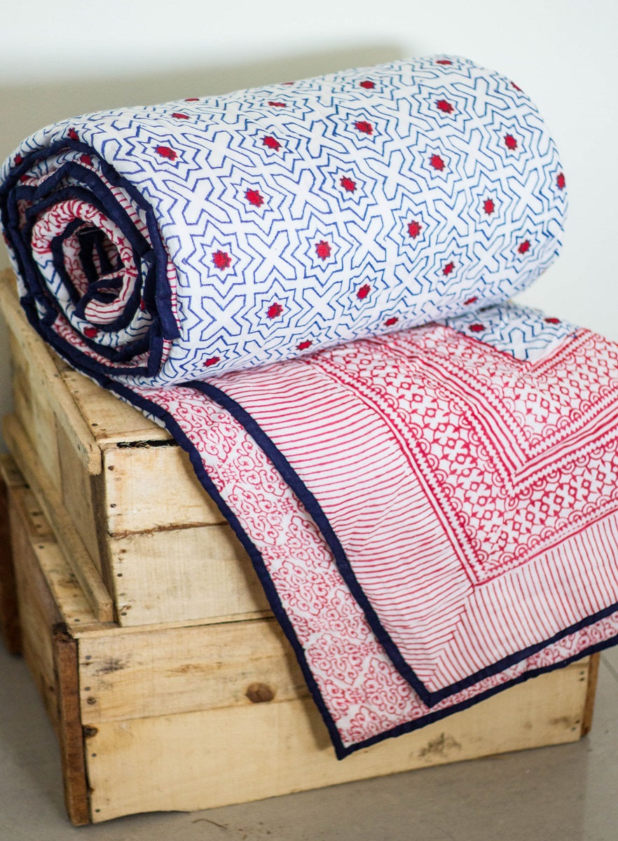 Red stars quilt -Red and dark blue geometric AC quilt - Single & queen sizes