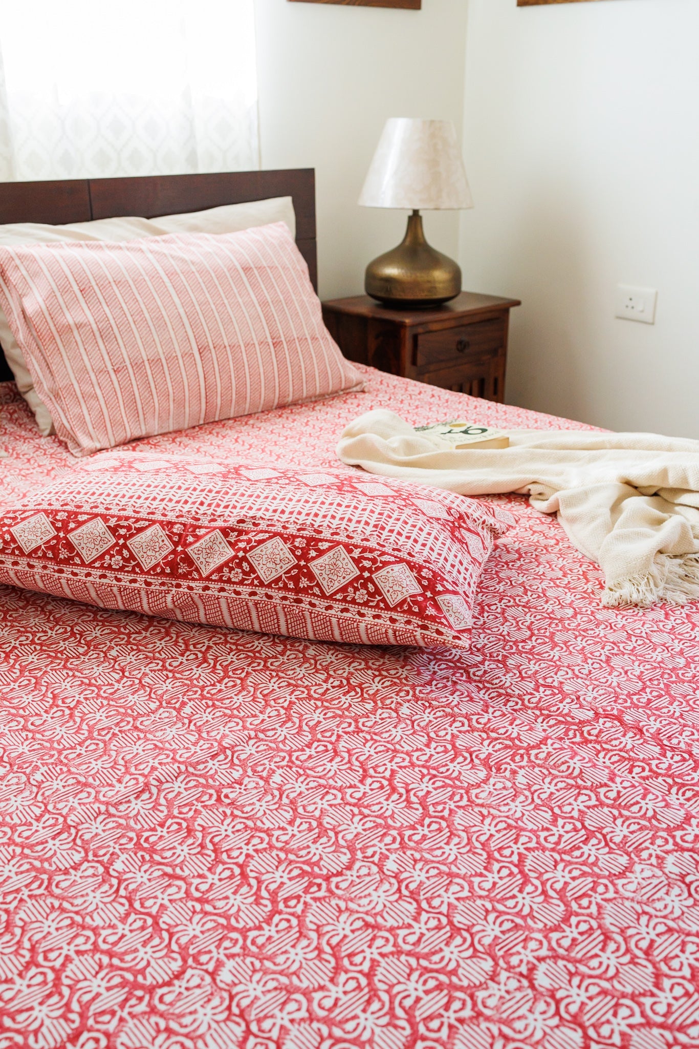 Block print bed sheet set - Red floral bedsheet set- King & queen size -Cotton bedsheet set