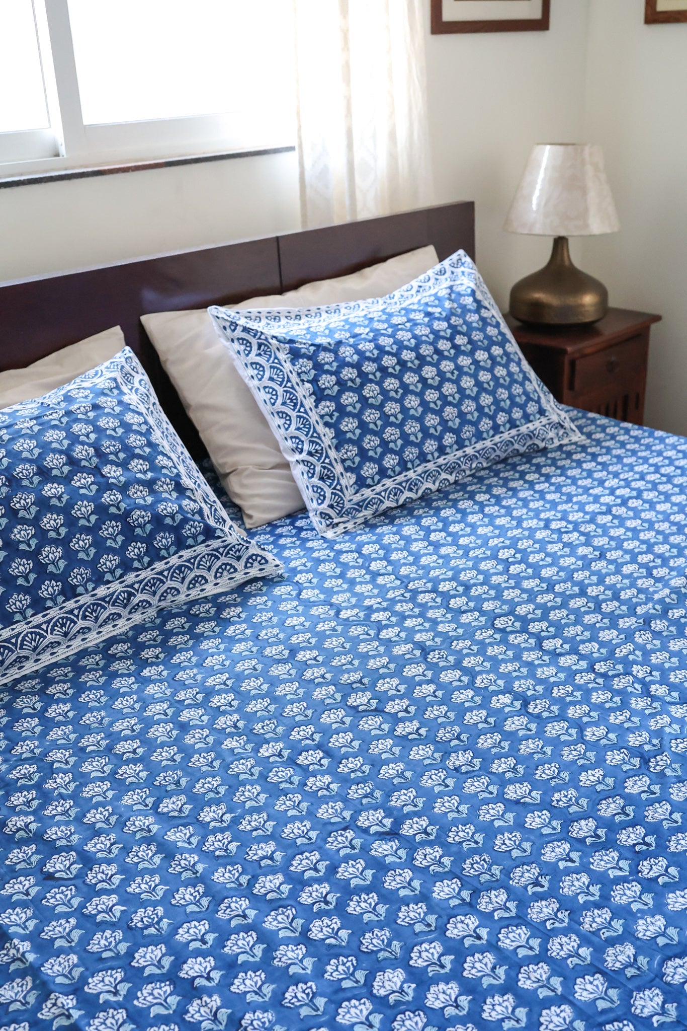 Block print bed sheet set - Blue floral bedsheet set- King size -108x108 inches - King bedsheet set