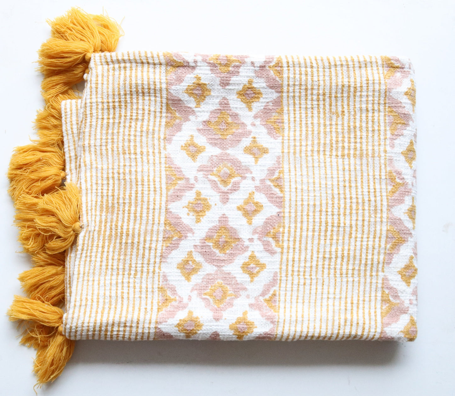 Printed cotton throw blanket - Mustard and pink Handloom Cotton throws - sofa throw with tassels - 55x70 inches