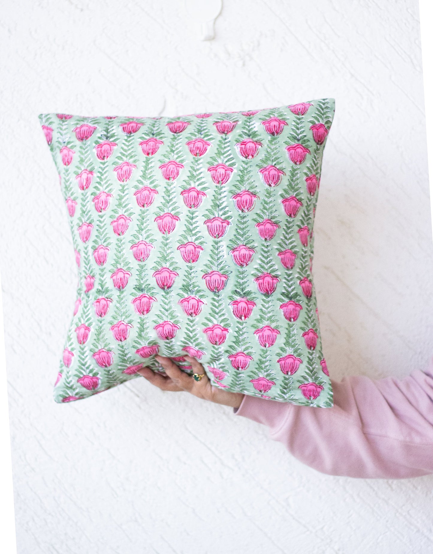 Block print decorative cushion covers - Green and pink floral