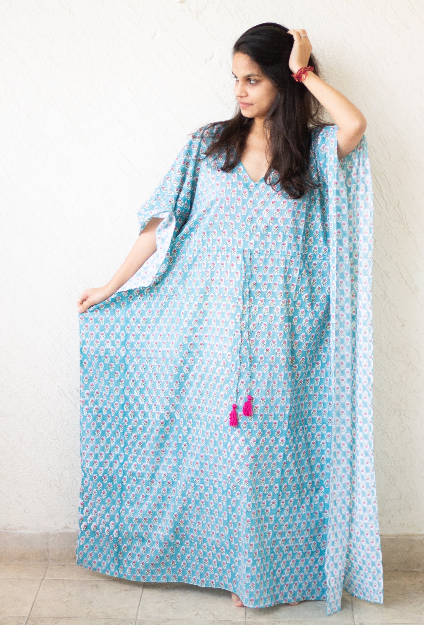 Full length Kaftans for women - Loungewear - long Kaftans with drawstring - light blue floral print