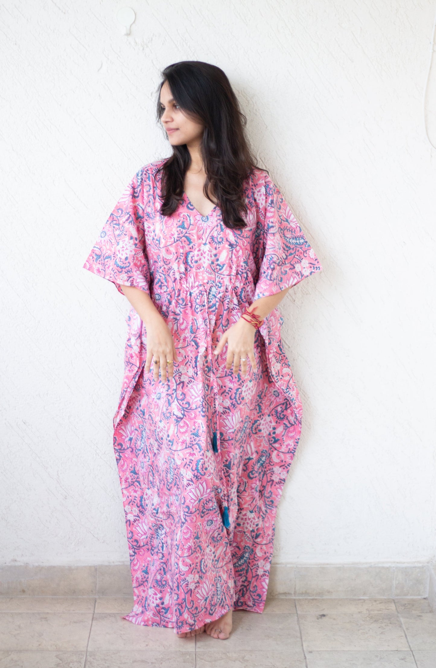 Full length Kaftans for women - Loungewear - long Kaftans with drawstring - Pink floral print