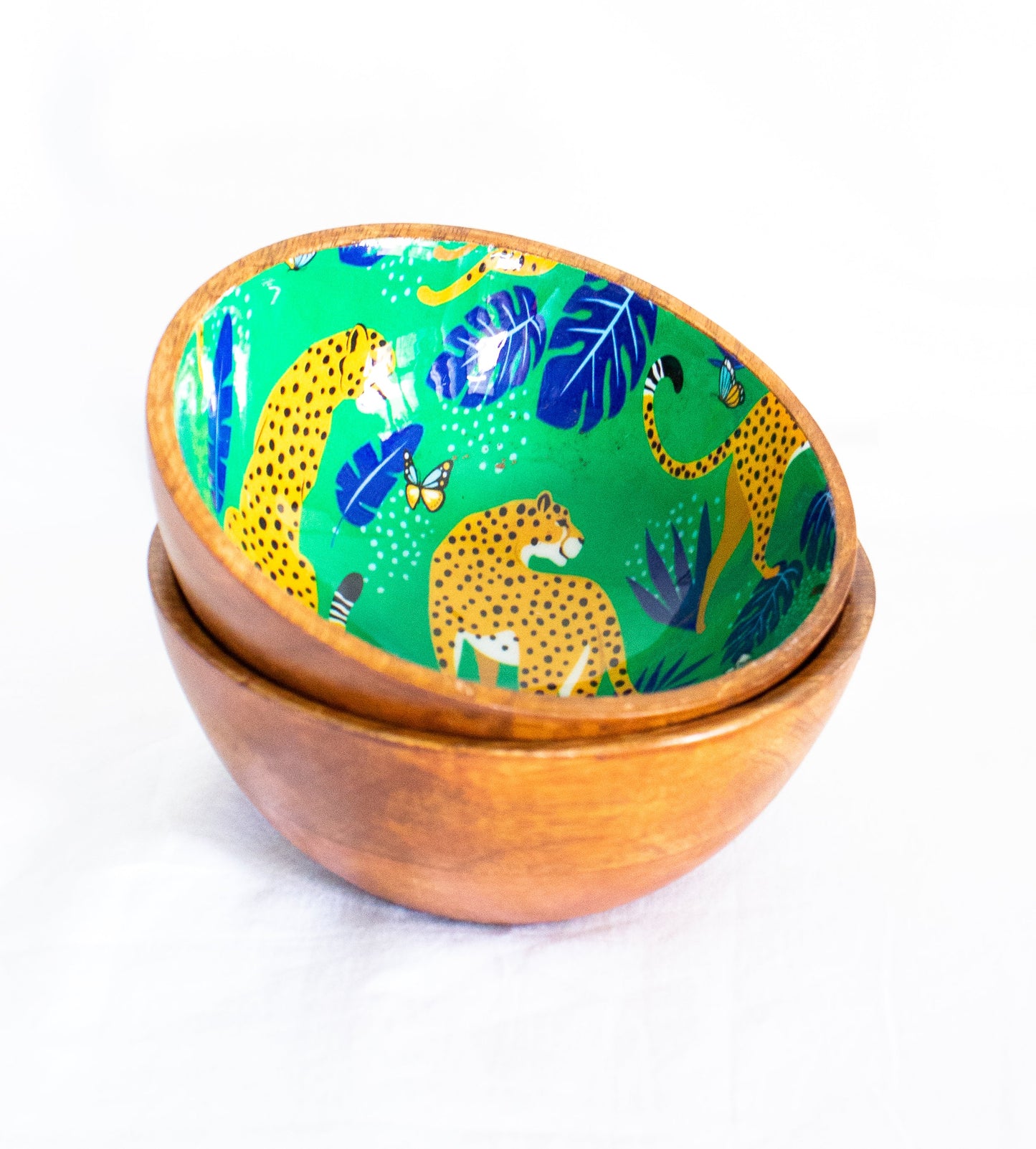 Small wood serving bowls - Mango wood bowls - Enamel printed wooden bowls - Fierce