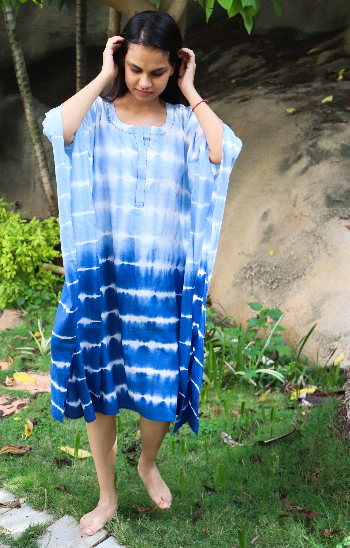 Blue stripe Shibori kaftan - Kaftans for women - Knee length Kaftan - Short Kaftan - Kaftan dress