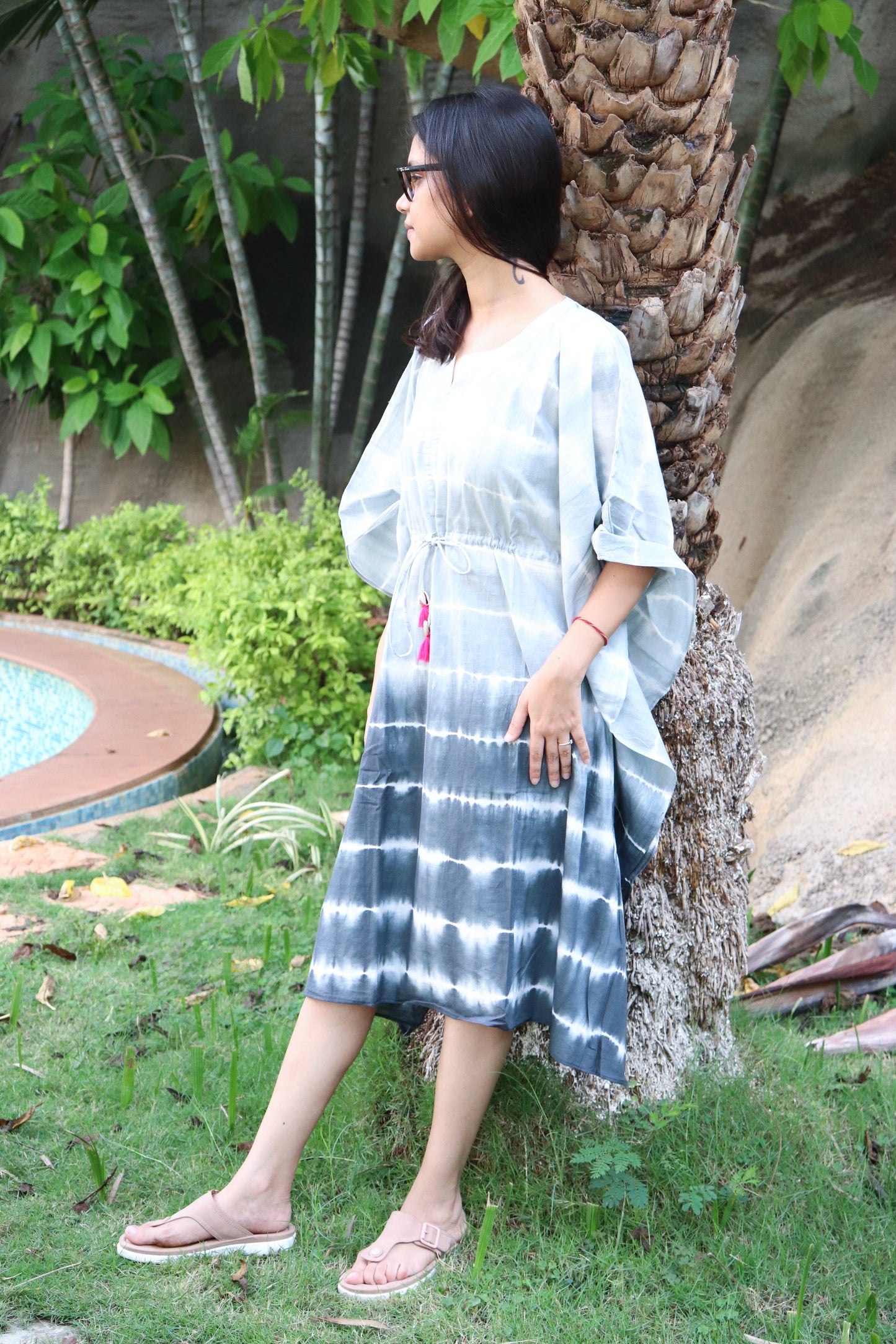 Grey Stripes Shibori kaftan - Kaftans for women - Knee length Kaftan - Short Kaftan - Kaftan dress