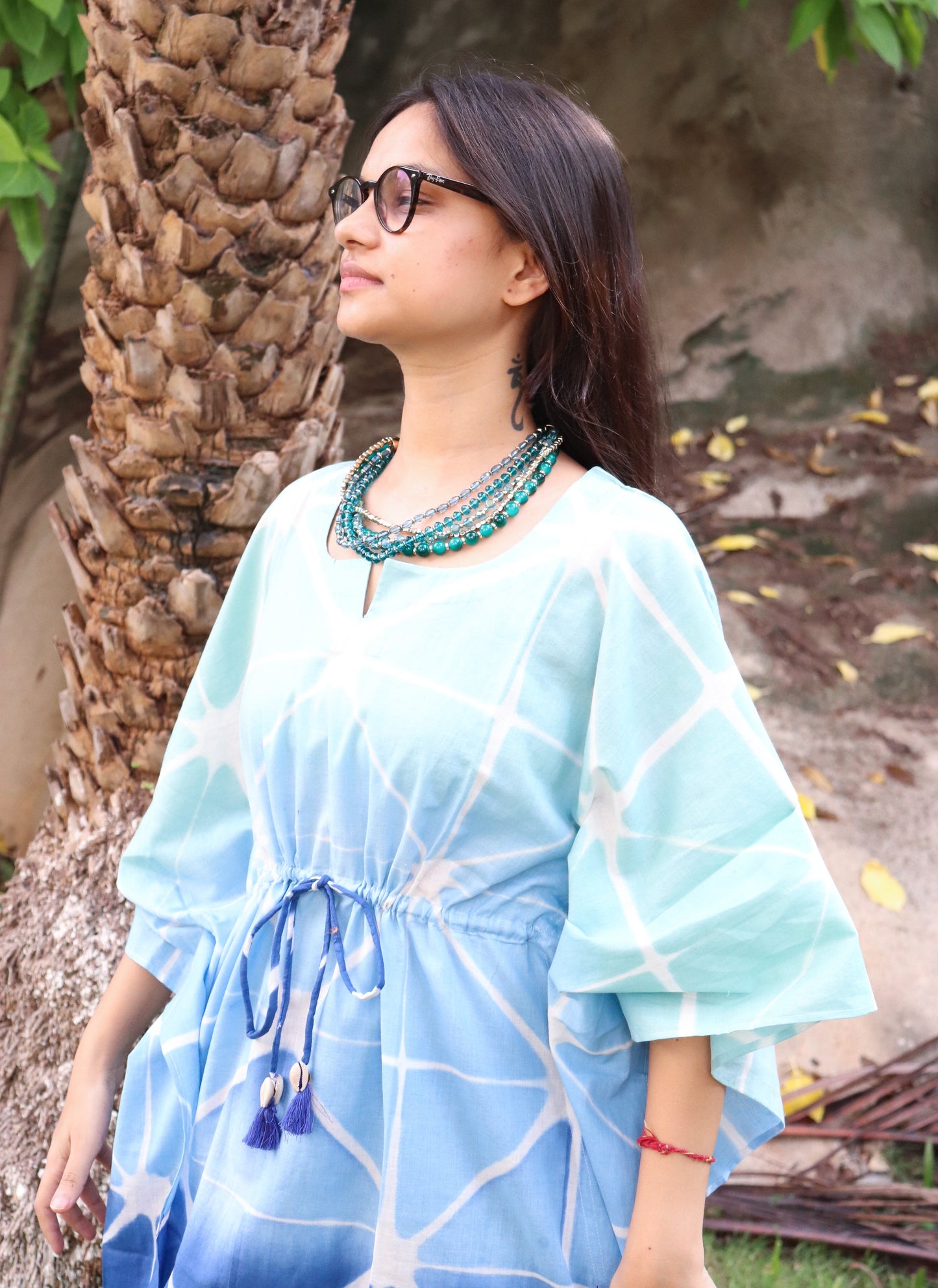 Turquoise stars Shibori kaftan - Kaftans for women - Knee length Kaftan - Short Kaftan - Kaftan dress